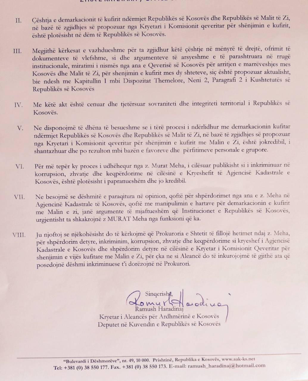 Haradinaj, letër udhëheqësve të shtetit