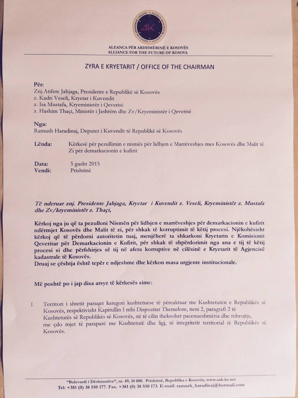 Haradinaj, letër udhëheqësve të shtetit