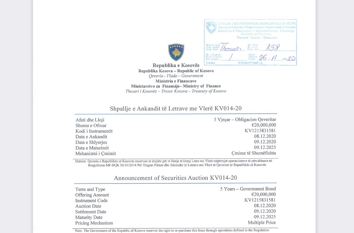 Sot mbahet ankandi i katërmbëdhjetë i Letrave me Vlerë për vitin 2020