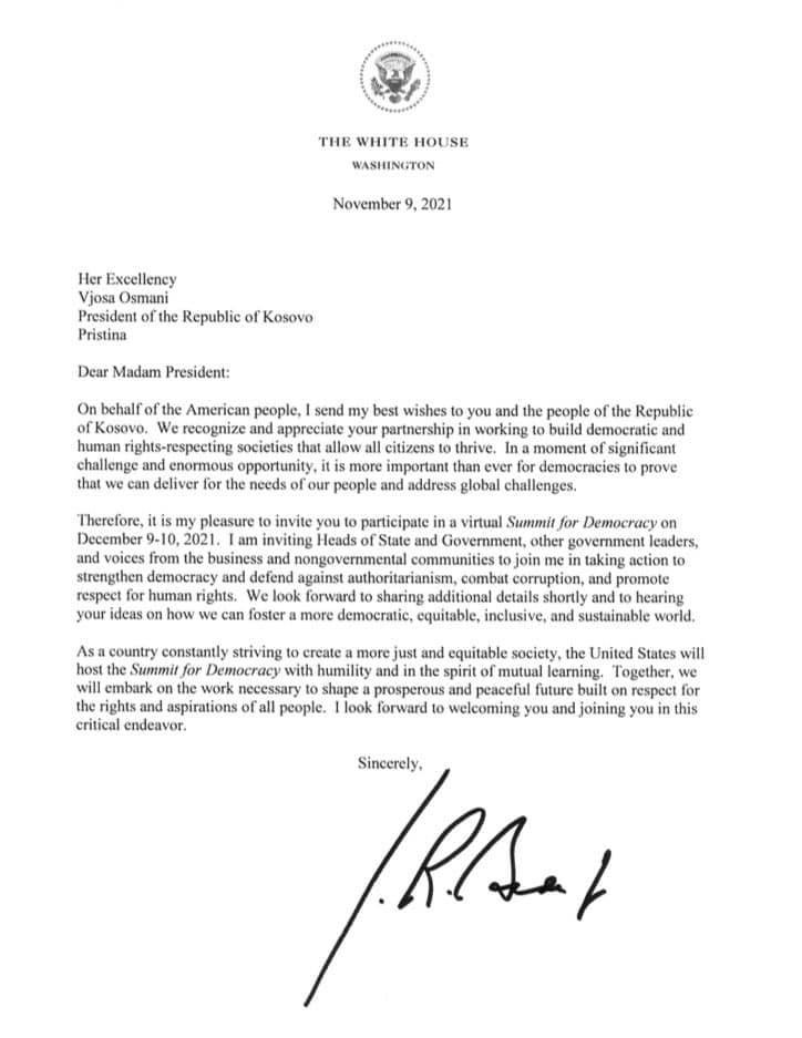 Presidentja Osmani merr ftesë nga Presidenti Biden për Samitin për Demokraci