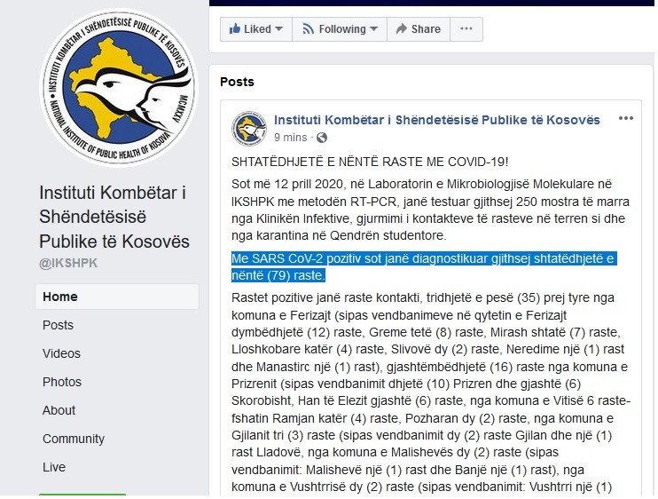 Shtatëdhjetë e nëntë raste të reja në Kosovë me koronavirus