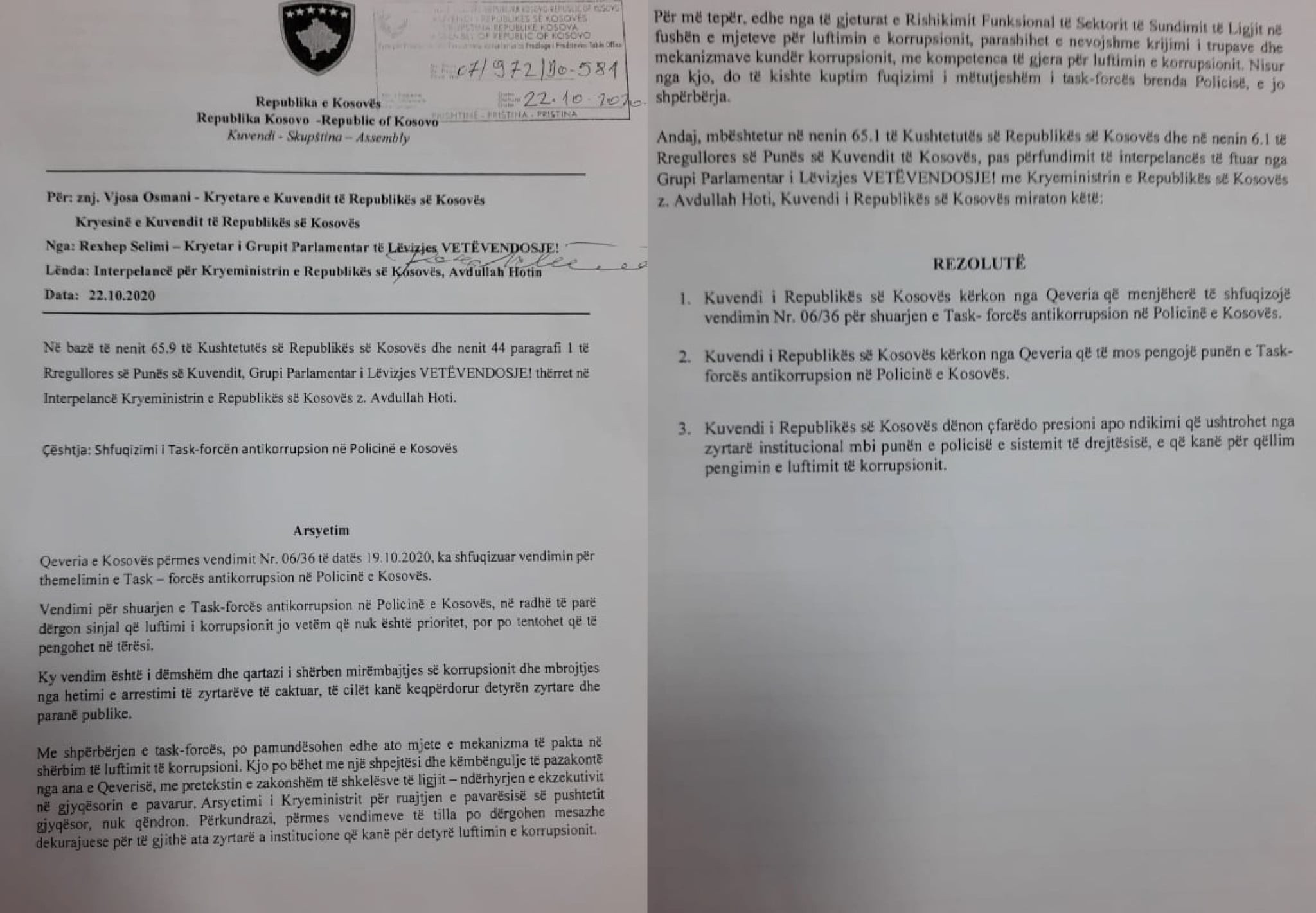 LVV thërret në interpelancë Hotin lidhur me shuarjen e Task-forcës antikorrupsion