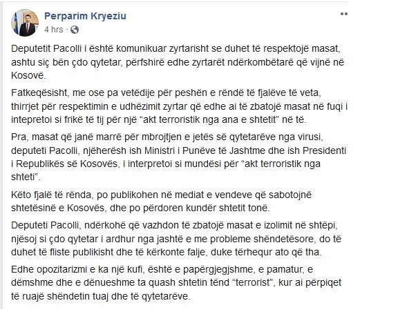 Qeveria i kërkon Pacollit të kërkojë falje për deklaratën e "sulmit terrorist"