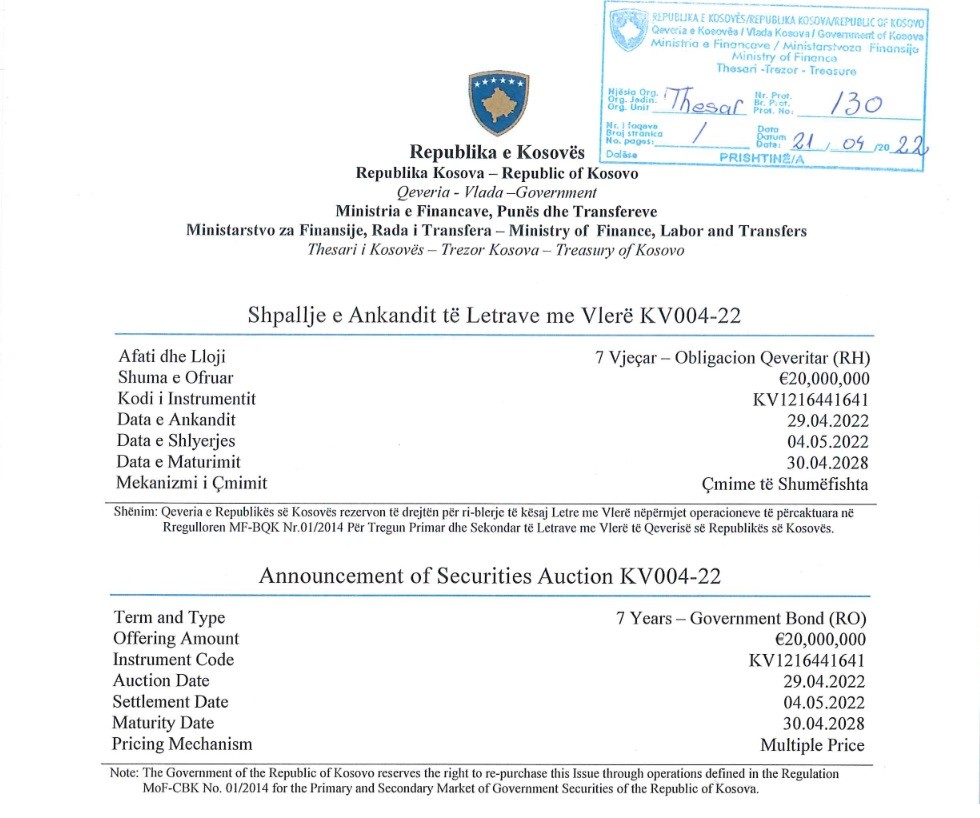Qeveria e Kosovës emeton Letra me Vlerë prej 20 milionë euro